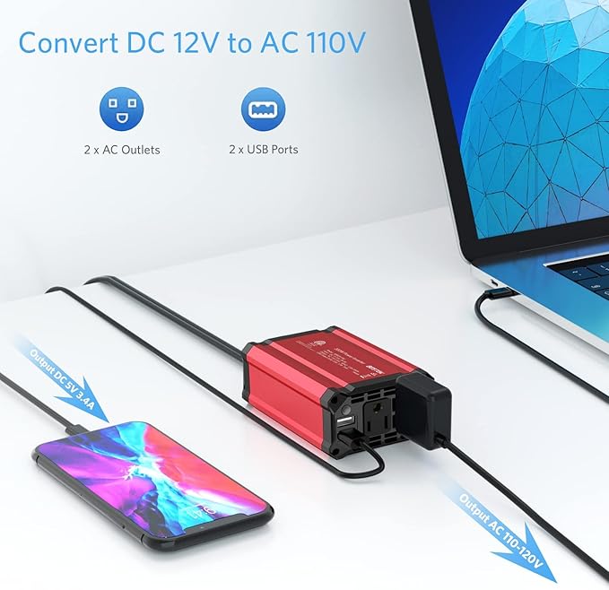 BESTEK 400W Car Power Inverter, DC 12V to 110V Car Inverter with 2 AC Outlets and 3.4A Dual USB Ports, Car Plug Adapter Outlet Converter