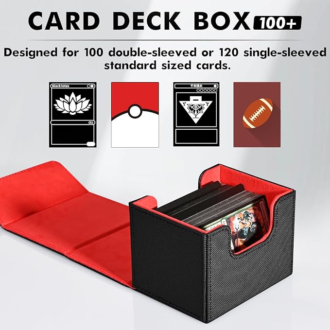 ZLCA Card Deck Box for Trading Cards, MTG Commander Deck Box Holds 120+ Single Sleeved Cards, Leather Magnetic Card Storage Box Fits for TCG CCG Magic Cards (Black& Red)