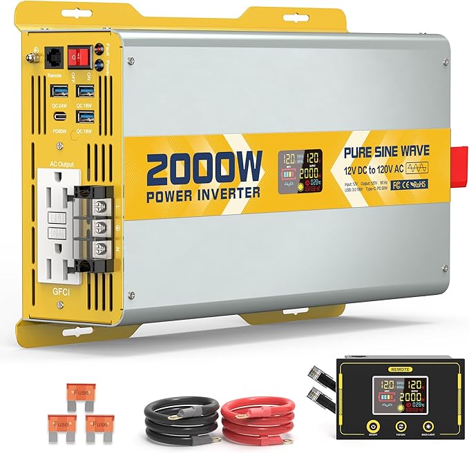 XWJNE 2000W Pure Sine Wave Power Inverter 12V DC to 120V GFCI AC Converter with LCD Display and Remote for Home, RV, Truck, Off-Grid Solar Power