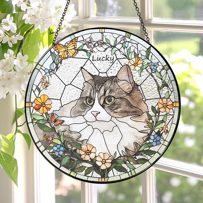 Custom Cat Portrait Stained Glass Window Hanging Light Catcher, Pet Memorial Stained Glass Photo, Cat Memorial Gift Pet Loss Gift