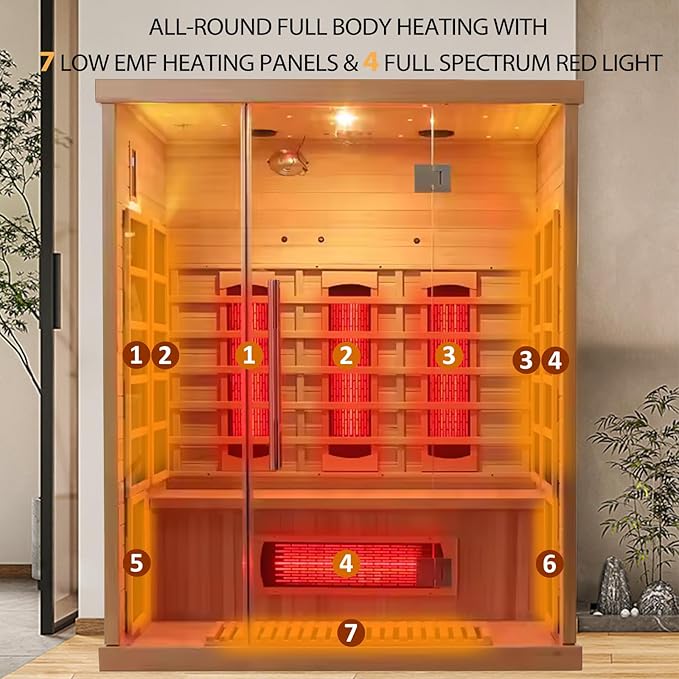 Smartmak Far Infrared Wood Sauna, 3 Person WiFi Control Home Canadian Hemlock Wooden Traditional Indoor Saunas, Full-Spectrum Red Light 2100W Spa Room, 11 Heating Elements, Speaker, Light, Oxygen Bar