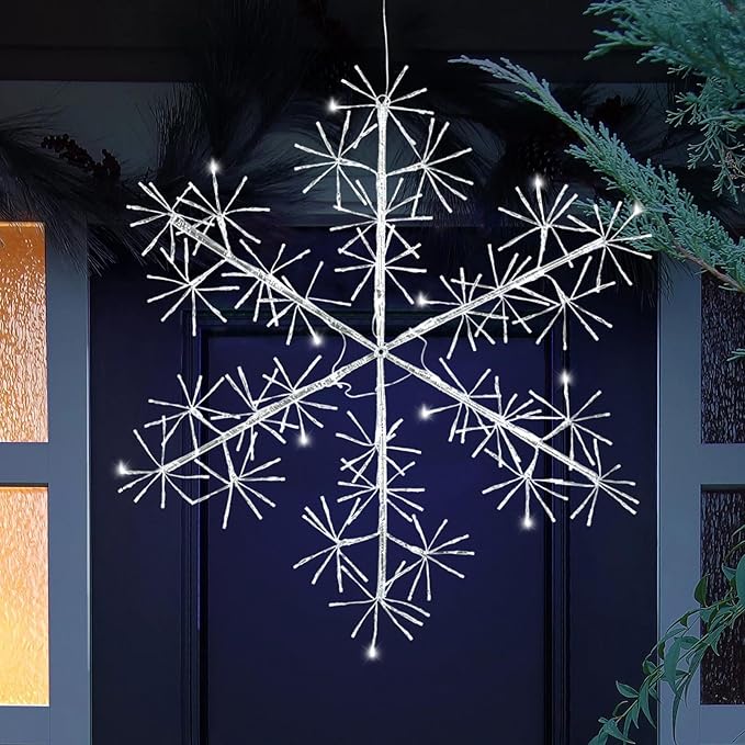 30’’ Christmas Snowflake Lights Outdoor, Pre-lit 240Pcs Cool White LEDs Hanging Silver Snowflake Decoration for Home Indoor Outdoor Window Silhouette
