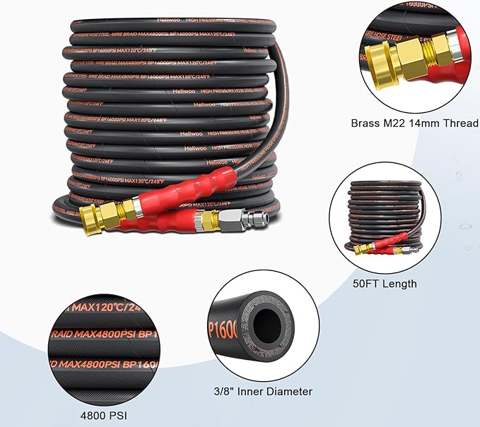 Pressure Washer Hose 50FT, 4800PSI Wire Braid Power Washer Extension Hose 3/8 Inch High Tensile, Flexible Kink Resistant Heavy Duty Replacement Hose with 3/8 Quick Connect