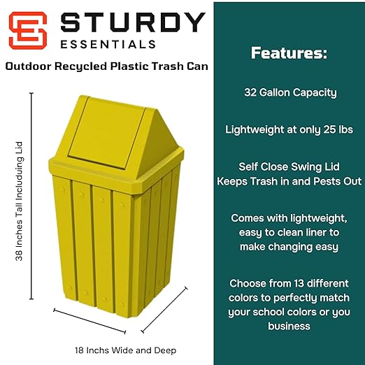 32 Gallon Square Slatted 100% Recycled Plastic Indoor or Outdoor Commercial Trash Can with Easy Access Swing Top Lid | Great for Schools and Businesses - Yellow
