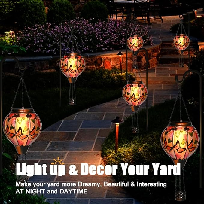 Hot Air Balloon Solar Lantern - Butterfly Stained Glass Lantern, Simulated Flickering & Dancing Flame, Outdoor Hanging Yard Light Waterproof IP65 for Patio Lawn Porch Decor Gift