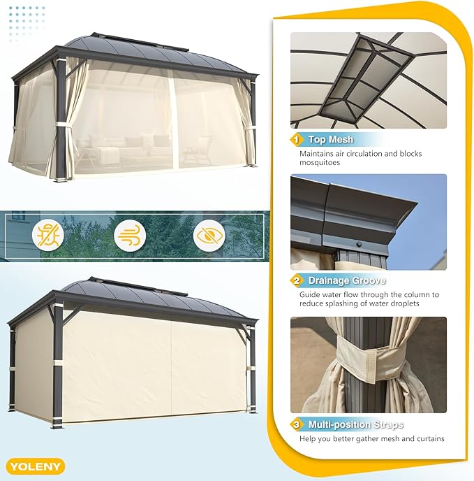 YOLENY 12'x16' Hardtop Gazebo, Permanent Outdoor Aluminum Patio Gazebo with Aluminum Composite Double Arc Roof for Patio Lawn and Garden, Curtains and Netting Included
