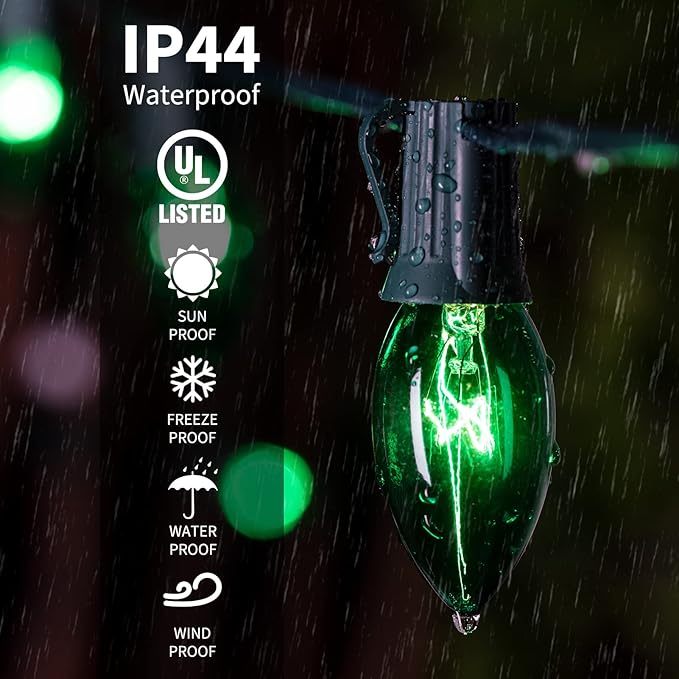 C9 Christmas String Light Green, 25ft Vintage Christmas Tree Lights, Outdoor Roofline String Lights with 25+2 Green Bulbs for Patio Garden Holiday Indoor Home Xmas Decoration, Green Wire