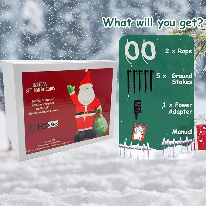 8FT Christmas Inflatables Santa Claus with Gifts Bag Inflatable Christmas Outdoor Decoration IP44 Xmas Blow up Santa Claus with Built-in 4 LED Lights Large Blow up Santa for Outdoor、Indoor、Yard Party