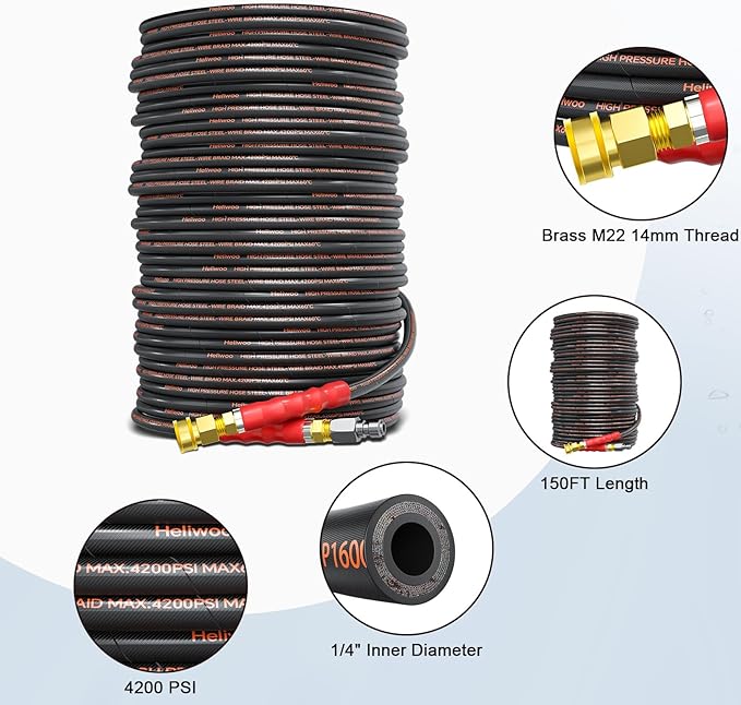 150ft Pressure Washer Hose 4200 PSI, Kink Resistant Industrial Grade Hose with 3/8 Quick Connect Ends and Adapters for Hot & Cold Water up to 140°F, Steel Wire Braided Hose for Power Washing