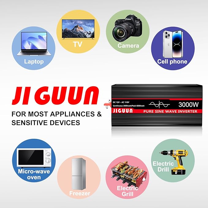 JIGUUN Pure sine Wave Inverter 3000W, 12V to 110V Power Inverter Converter with 4 AC sockets, USB Output and LED Display for RV Camping Emergency Household appliances (3000WPRO)
