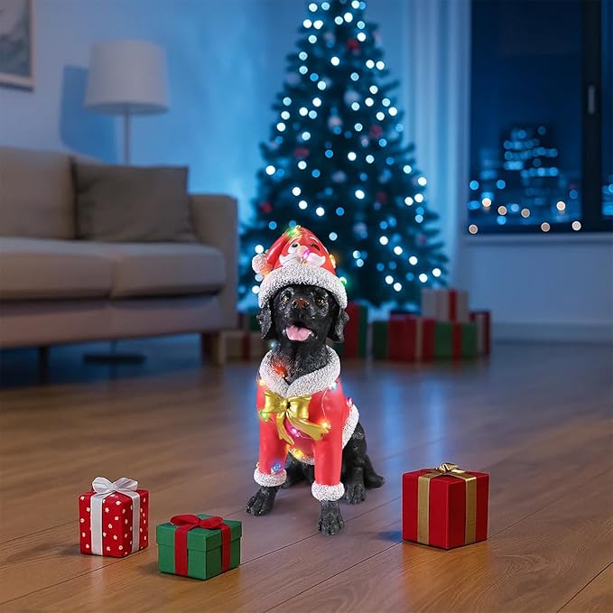 Christmas Outdoor Decoration Dog Statue, LED Light Cute Labrador Dog Sculpture with Pink Santa Outfit & Lights for Garden and Yard, Indoor Holiday Décor Gift for mom and dad