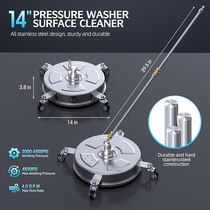 14" Pressure Washer Surface Cleaner with 4 Wheels, Stainless Steel Housing for Pressure Washer Attachment for Concrete, Patio, Sidewalk, Deck and Driveways