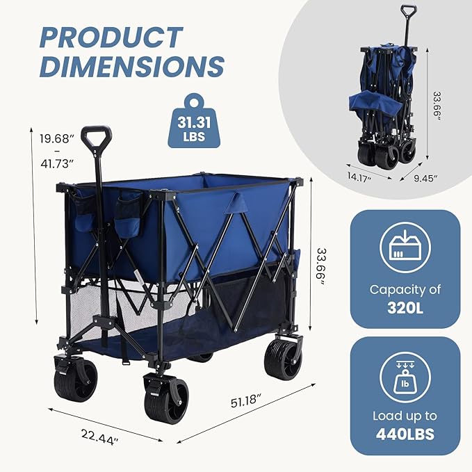 DUMOS Large Capacity Folding Double Decker Wagon with Brakes, 440 lbs Wagons Carts Foldable Wagon Cart with Flexible Handle, All-Terrain Big Wheels for Grocery Sports Garden Camping