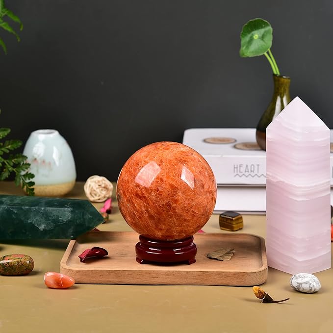 JIC Gem Natural Sunstone Sphere Ball with Wooden Stand for Fengshui Rare Healing Crystal Decoation Meditation Energy Reiki (90-100mm)