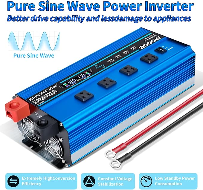 3000w Pure sine Wave Inverter DC 12V to AC 110V/120V Converter, 6000w (Peak) with LCD Display, Wireless/Wired Remote Control, 4AC outlets and 4USB.Ideal for Camping, RV Travel, Off-Grid Solar Systems