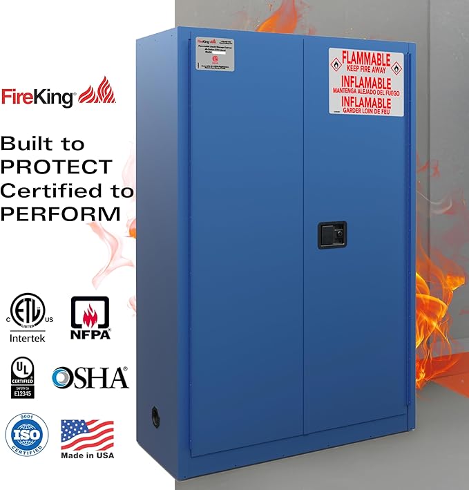 FireKing Blue Flammable Safety Cabinet, Corrosives Flammable Storage Cabinet, 45 Gallon Steel Safety Cabinets with Manual Door for Commercial, Industrial & Home Use, 43" x 18" x 65"