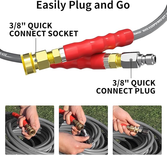 Pressure Washer Hose 50ft, 4200PSI Wire Braid Power Washer Extension Hose 1/4 Inch High Tensile, Flexible Kink Resistant Heavy Duty Replacement Hose with 3/8 Quick Connect