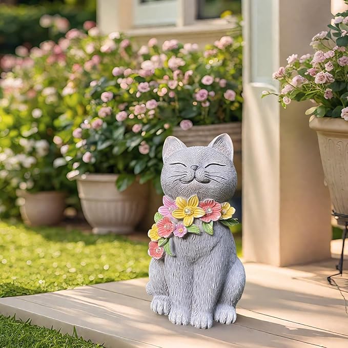 Solar Cat Garden Statue for Outdoor Decor, Cat Solar Light with Flowers, Resin Cats Figurine for Garden, Yard, Lawn Decor, Cats Lover Gifts for Women