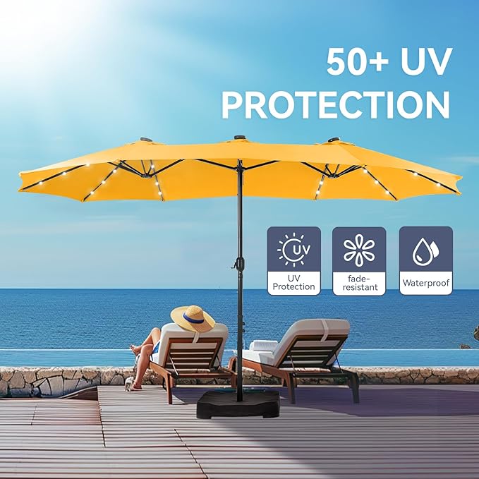 GREEN PARTY 15 ft Rectangle Patio Umbrella with Solar Lights and Base Included, Double-Sided Market Table Umbrella with Crank, Large Outdoor Umbrellas for Patio Poolside Garden Backyard, Gold Yellow
