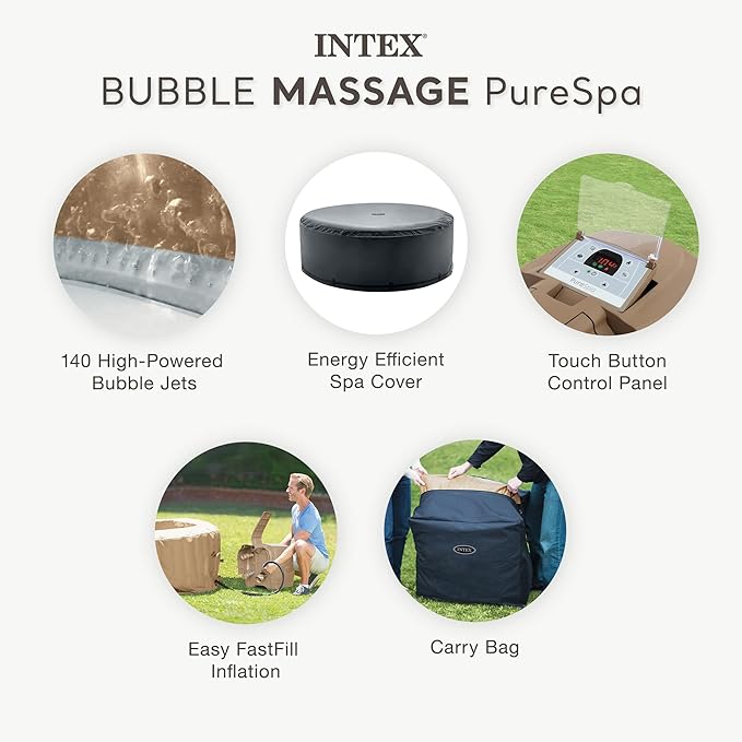 Intex PureSpa 6 Person Bubble Massage Inflatable Hot Tub Spa Set, Sahara Tan - Portable Outdoor Spa Plus Water Heater Pump, Foam Cover, Dispenser Ball