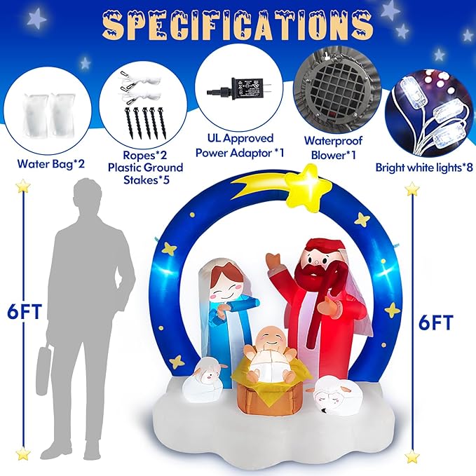 Danxilu 6FT Christmas Inflatables Nativity Scene Outdoor Decorations, Bright LED Lights The Birth of Jesus Scene with Star of Bethlehem Archway Blow up for Outside Yard Garden Lawn Xmas Holiday Decor