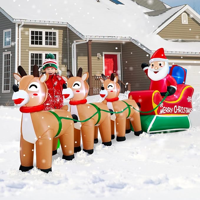 TURNMEON 12 Feet Long Christmas Inflatable Decorations Outdoor LED Lighted Santa Claus on Sleigh Three Reindeer Deer Gift Box Blow up Yard Christmas Decor Outside Lawn Garden Party 12 Stakes 2 Tethers