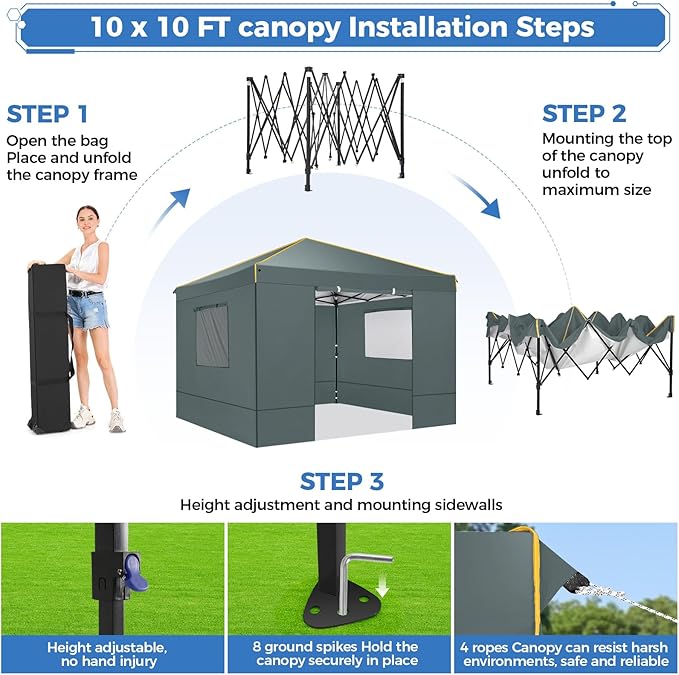 COBIZI Canopy Tent, 10x10 Pop Up Canopy Tent with Sidewalls and Roll-up Ventilated Windows with Mosquito net, Ez Outdoor Commercial Instant Gazebo Tent for Party Waterproof with Carrybag