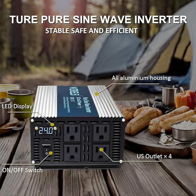 WZRELB 1800W Pure Sine Wave Inverter 24V DC to 110V 120V AC Power Converter with LED Display, Off-Grid Portable Power Inverter with 4 AC Outlets for Home, RV, Truck, Camping