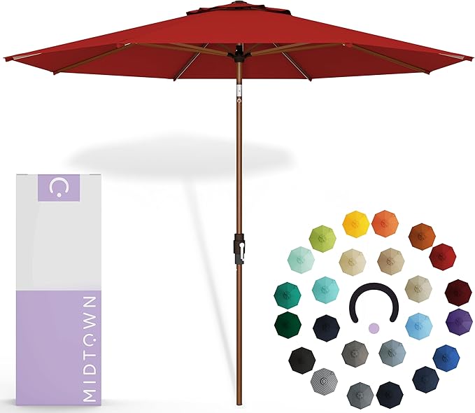 Midtown Umbrellas Sunbrella Umbrella Outdoor Patio Umbrella 2-8 Feet in Sunbrella Red Acrylic Fabric - Auto-Tilt Aluminum Frame For Backyard Umbrella, Deck Umbrella & Porch Umbrella - Wooden Pole