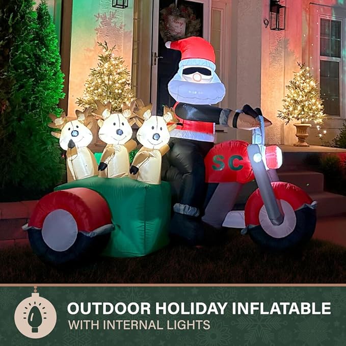 Fraser Hill Farm 6-Ft. Tall Santa on Motorcycle with Reindeer Sidecar Blow Up Inflatable with Lights, Outdoor Christmas Inflatable Decoration for Lawn and Yard, Giant Festive Holiday Decor