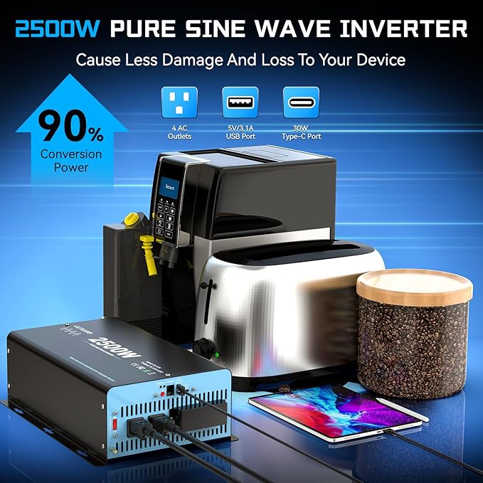 2500W Pure Sine Wave Inverter with Transfer Switch, 12V DC to 120V AC Converter with 2AC Outlets, USB Port, Type-C Port, Remote Controller, Power Inverter for RV, Outdoor, Auto Swtich to Shore Power