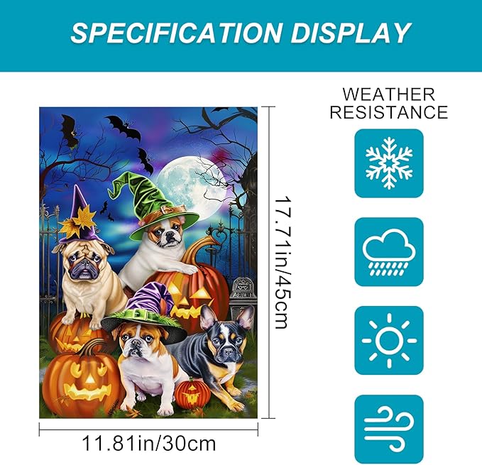 Double Sided 12x18 Inch Halloween Garden Flag, Scary Pumpkin Pug Bat Haunted House Outdoor Decoration, Halloween Trick or Treat Dog Garden Flag for Outdoor Yard Lawn Decoration