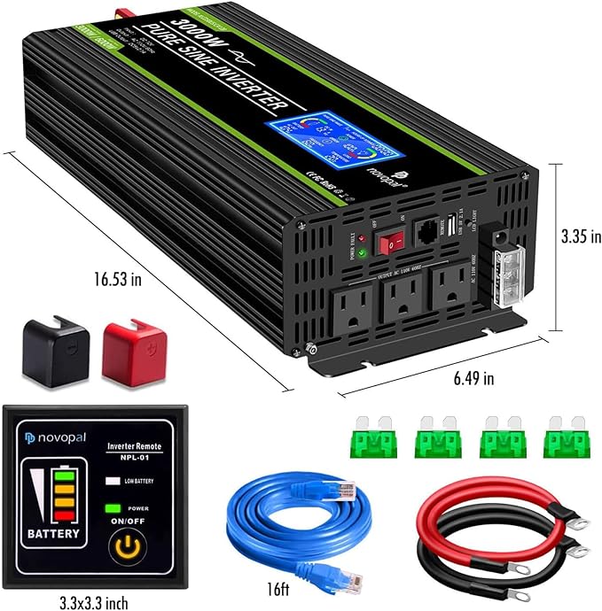 NOVOPAL 3000 Watt Pure Sine Wave Power Inverter DC 12V to AC 110V 120V Rv Inverters with 3 AC Outlets,High Power Terminal-16 ft Remote Control, LCD Display for Truck, Hurricane, Home