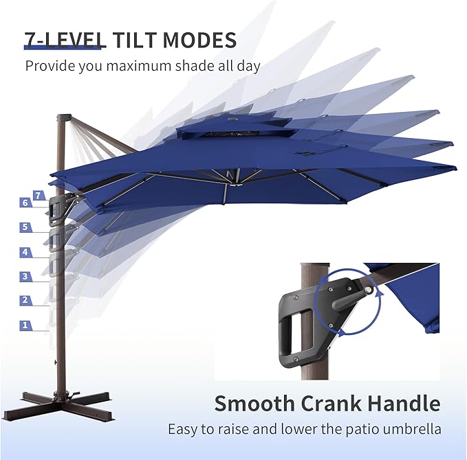 JZAC & QZYD 10 X 13 FT Cantilever Patio Umbrella Outdoor Rectangle Offset Double Top Large Heavy Duty Umbrellas with 360° Rotation for Deck Backyard Garden, Navy