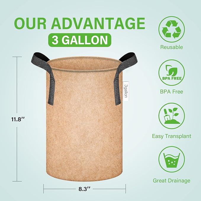 iPower 5-Pack 3 Gallon Plant Grow Bags Thickened Nonwoven Aeration Fabric Pots Heavy Duty Durable Container, Strap Handles for Garden, Tan