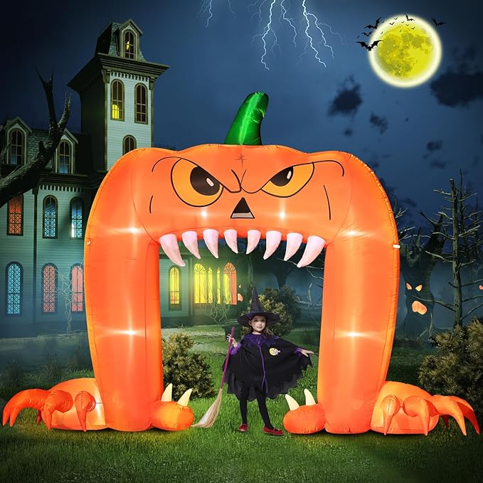 DomKom Halloween Inflatable Blow Up Decorations, 12FT Long 9FT Tall Spooky Pumpkin Archway, Built-in LEDs for Holiday Party, Garden, Lawn, Yard, Patio Décor