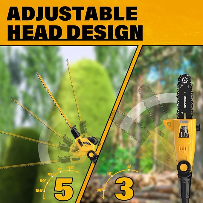 Pole Saw 8-Inch Cordless Tree Trimmer and 18-Inch Pole Hedge Trimmer 2-In-1, 15-Feet Max Reach, Auto Oiling, Telescoping Pole Chainsaw with 2.0Ah Battery & Charger