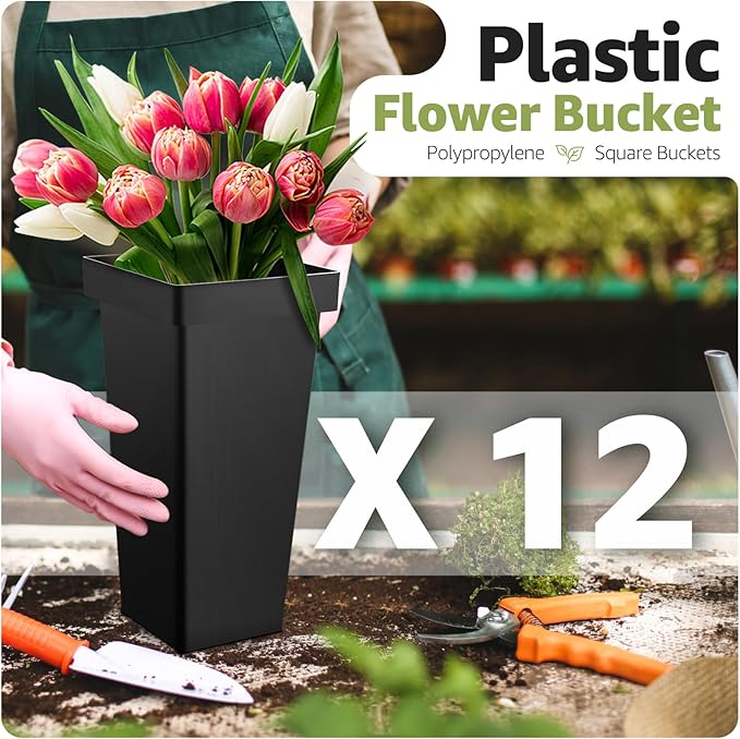3 Layers Flower Display Stand with Buckets, 12 PCS Buckets Plant Stand with Wheels, Movable Metal Plant Stand for Terrace Garden, Living Room, Florist Shop