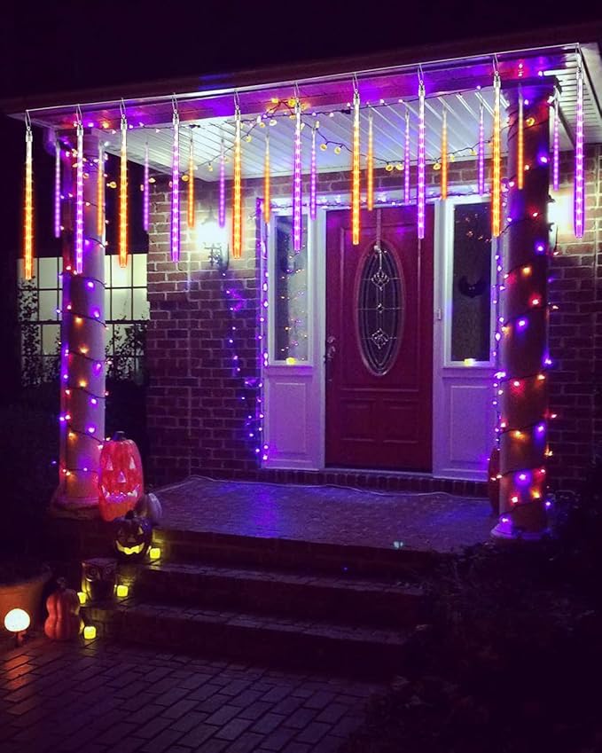Halloween Lights Outdoor 10 Tubes 240 LED Raindrop Meteor Shower Icicle Light with Timer Function Cascading Falling Rain Lights for Halloween Orange Purple