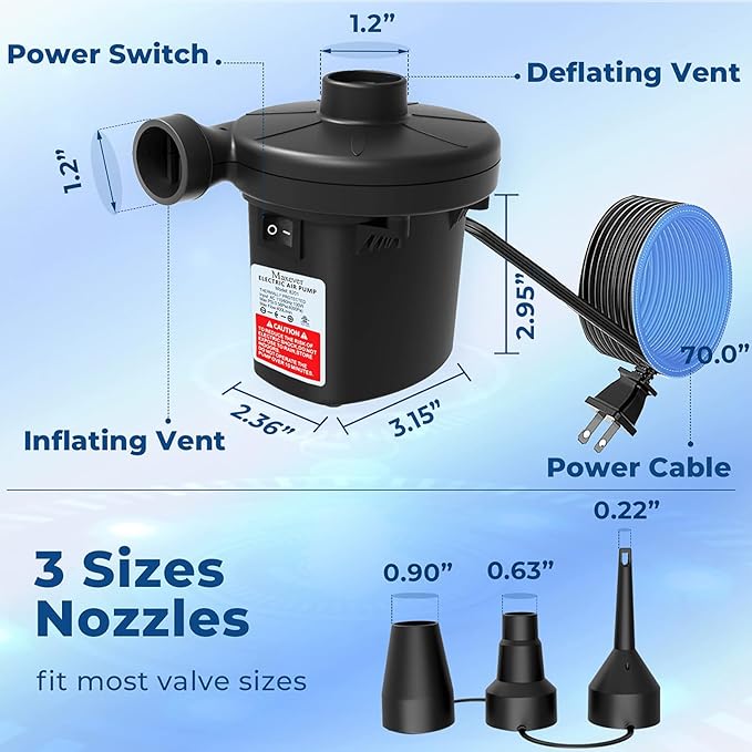 Quick-Fill Electric Air Pump with 3 Nozzles, AC 110V-120V Portable Inflator Deflator for Inflatables Pool Float Toys Air Mattress Bed Couch Swim Ring Tube Raft