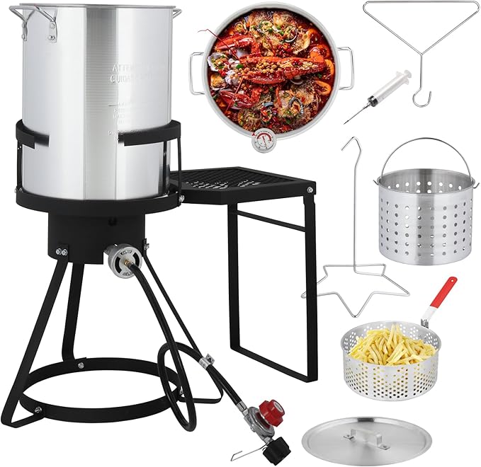 Outvita 30Qt Turkey Deep Fryer & 10QT Fish Fryer Kit w/Baskets, Aluminum Fish & Seafood Boiler Steamer with 55,000 BTU Propane Gas Burner & Additional Prep Table, Ideal for Outdoor Fry