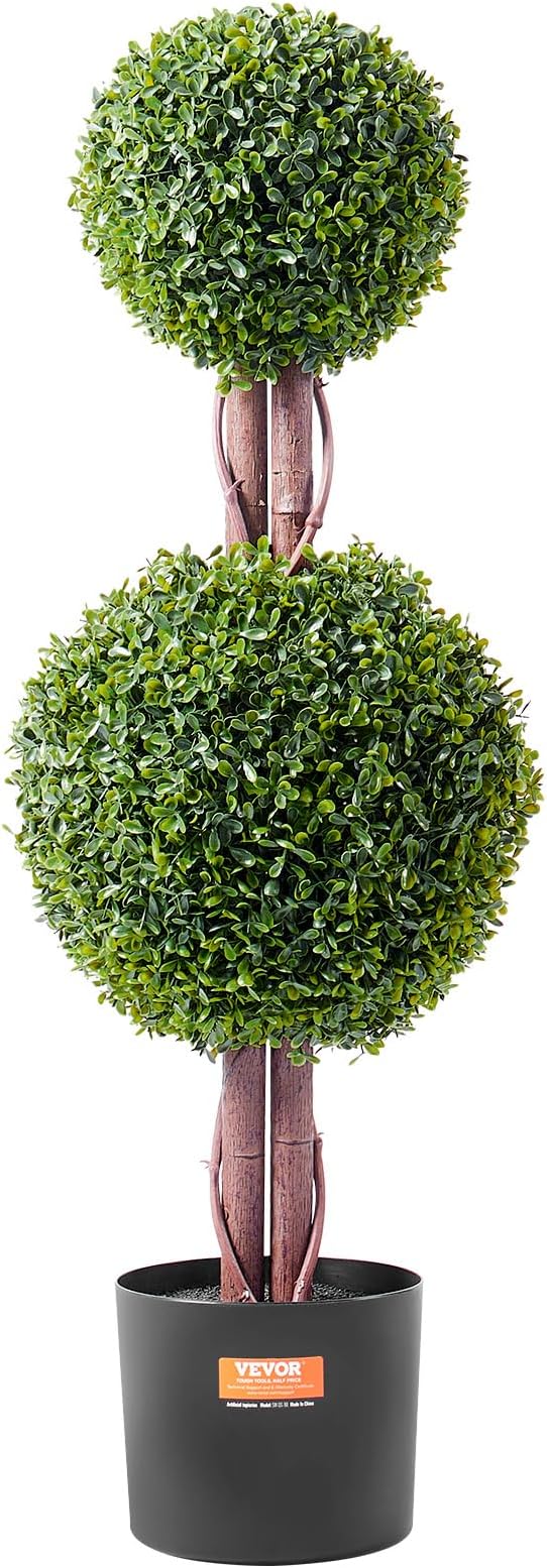 VEVOR Artificial Boxwood Topiary Tree, 36 inch Tall (2 Pieces), Double Ball Faux Topiary Trees, Faux Plant w/Extra Leaves & Pot & Small Decoration, UV Rated Set for Home Decor Indoor/Outdoor