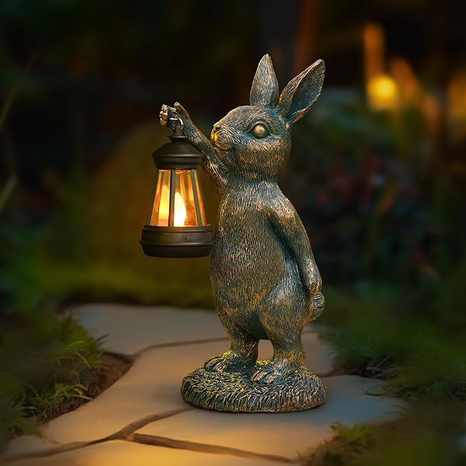 MININOVA Rabbit Garden Statues with Solar Lantern Bunny Outdoor Resin Sculpture for Patio Yard Lawn Decorations Gifts for Mother’s Day Housewarming Christmas