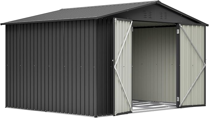 10x8 FT Outdoor Storage Shed with Floor Frame Structure and Lockable Doors, Durable and Sturdy Meta Sheds with Waterproof Roof Garden Tool Shed Ideal for Backyard Patio (Black