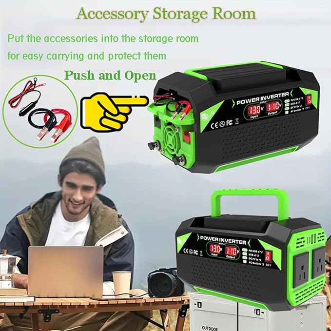 600W Power Inverter, 12V DC to 110V AC Converter with LED Display, 2 AC Outlets, 2 PD 25W Type-C, 2 QC 18W USB-A(4.2A)，2 DC Port, for Road Trips Laptop Computer