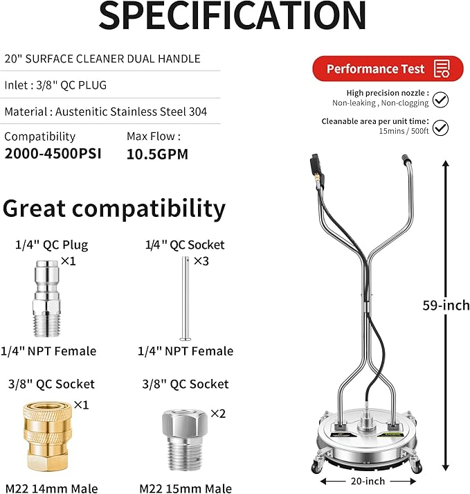 20" Pressure Washer Surface Cleaner Plus with 5 Nozzles Water Broom, Stainless Steel Surface Cleaner for Pressure Washer, Dual Handle Power Washer Surface Cleaner for Concrete Driveway, 4000 PSI