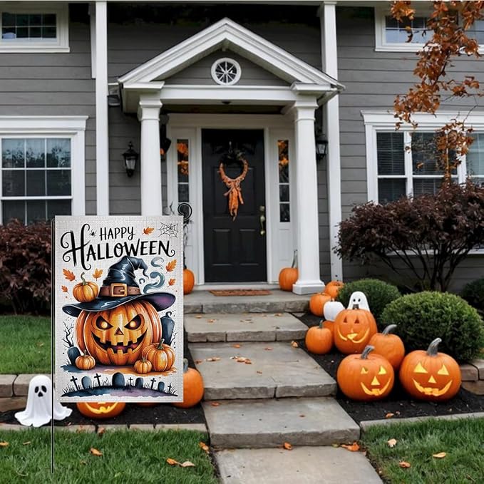 HTBIG Halloween Pumpkin Garden Flags, Happy Halloween Party House Garden Flag Decor, Yard Flags for Outside 12x18 inch, Outside Yard for Home Decorations