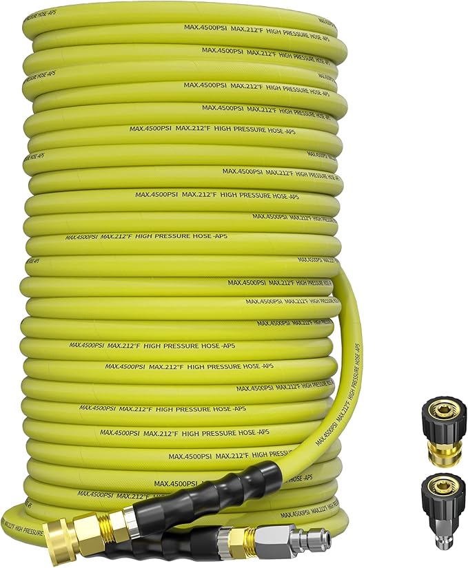 Pressure Washer Hose 150FT 3/8" for Cold and Hot Water 212°F, with Swivel Quick Connect, 4500PSI Kink Resistant Grade Steel Wire Braided, Power Washer Hose With 2pcs M22-14mm Adapter