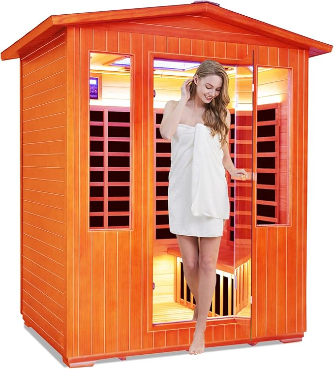 Outdoor Sauna 4 Person Dry Infrared Sauna with Red Light Wood Personal Spa Room Low-EMF 2600W 240V Abysmal Lamp Bluetooth Speakers 62.2"x46.9"x81.9"