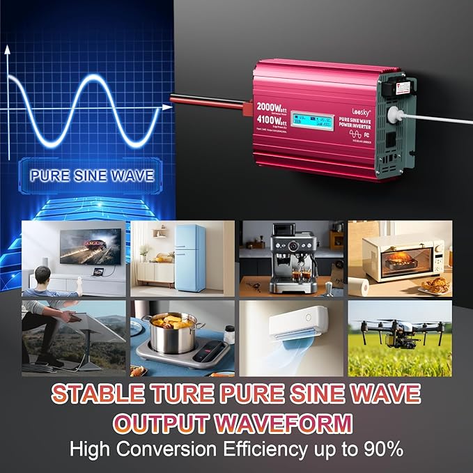 2000 Watt Pure Sine Wave Inverter 12V to 110V 120V AC 4100W Surge Peak Power for 2s Remote Control PD36W USB-C Compatible with Lithium Battery Starlink for Off-Grid Solar System RV Car Home LEESKY